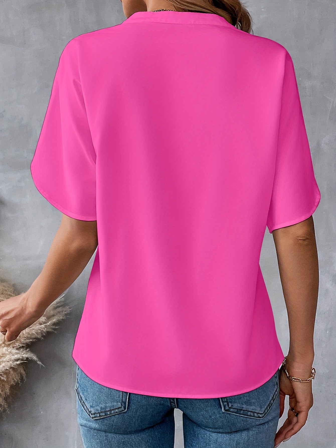 Solid Color Notch Neck Blouse, Casual Short Split Sleeve Blouse For Spring & Summer, Women's Clothing