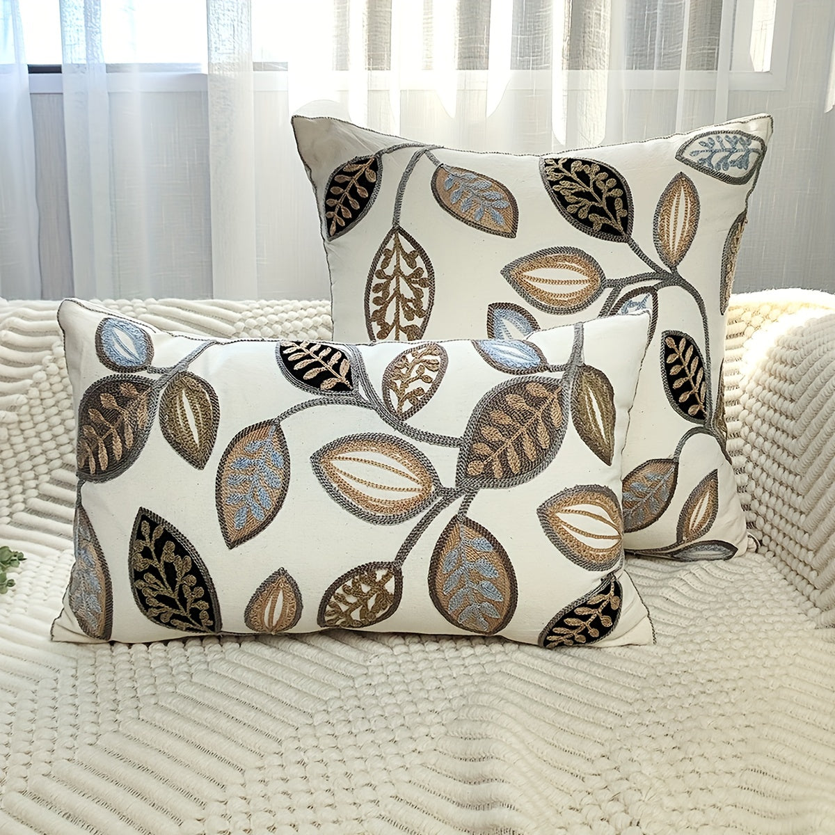 1pc Leaf Embroidered Decorative Throw Pillow Case, Canvas Cushion Cover For Living Room, Home Decor