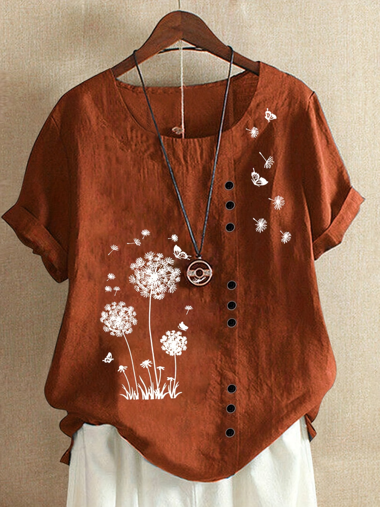 Dandelion Print Button Decor T-Shirt, Casual Crew Neck Short Sleeve T-Shirt For Spring & Summer, Women's Clothing