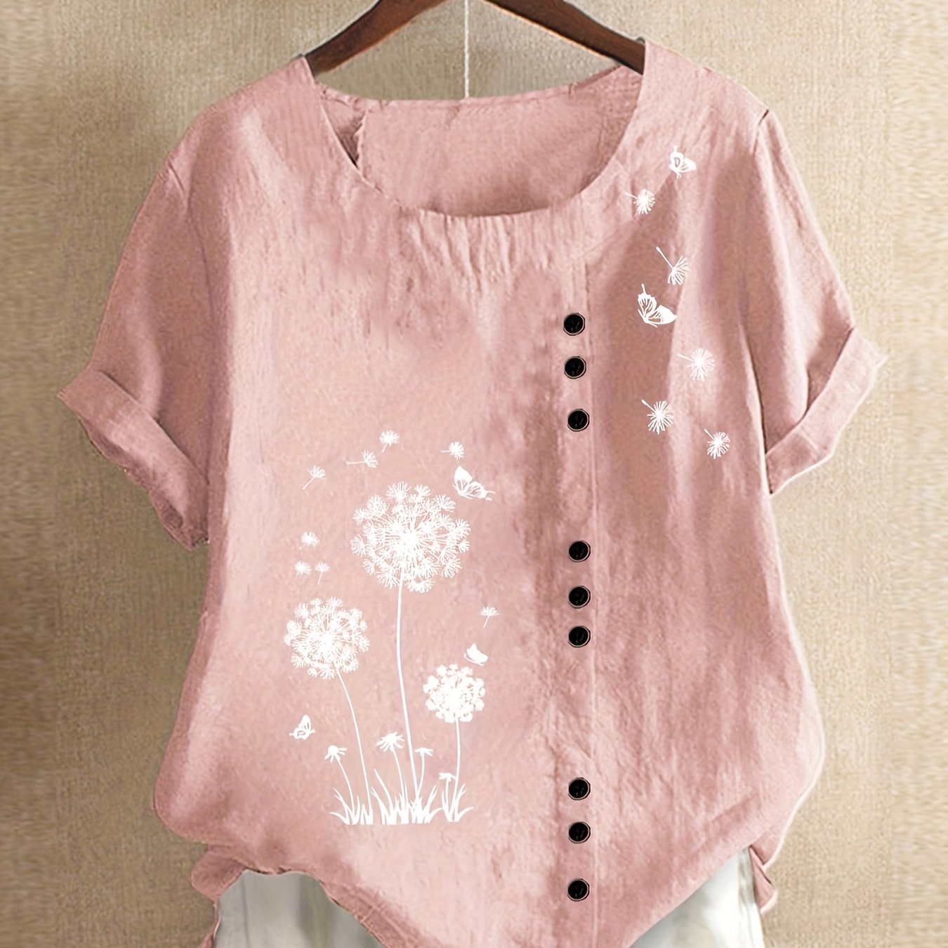 Dandelion Print Button Decor T-Shirt, Casual Crew Neck Short Sleeve T-Shirt For Spring & Summer, Women's Clothing