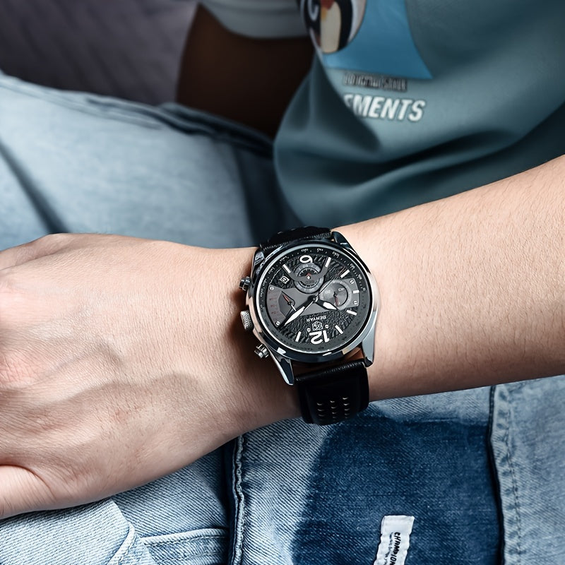 BENYAR Men's Luminous Quartz Watch - 42mm, Chronograph & Analog Display, Sporty Business Casual Design with Faux Leather Strap
