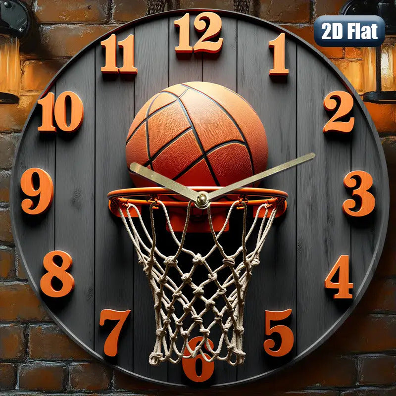 A Basketball-Themed Wall Clock Featuring a Net Design, with a Black Background And Orange Numbers. It Measures 24.89 cm And Is Powered by AA Batteries (Not Included), Making It a Great Decorative Piece for Home, Office, Or Gy