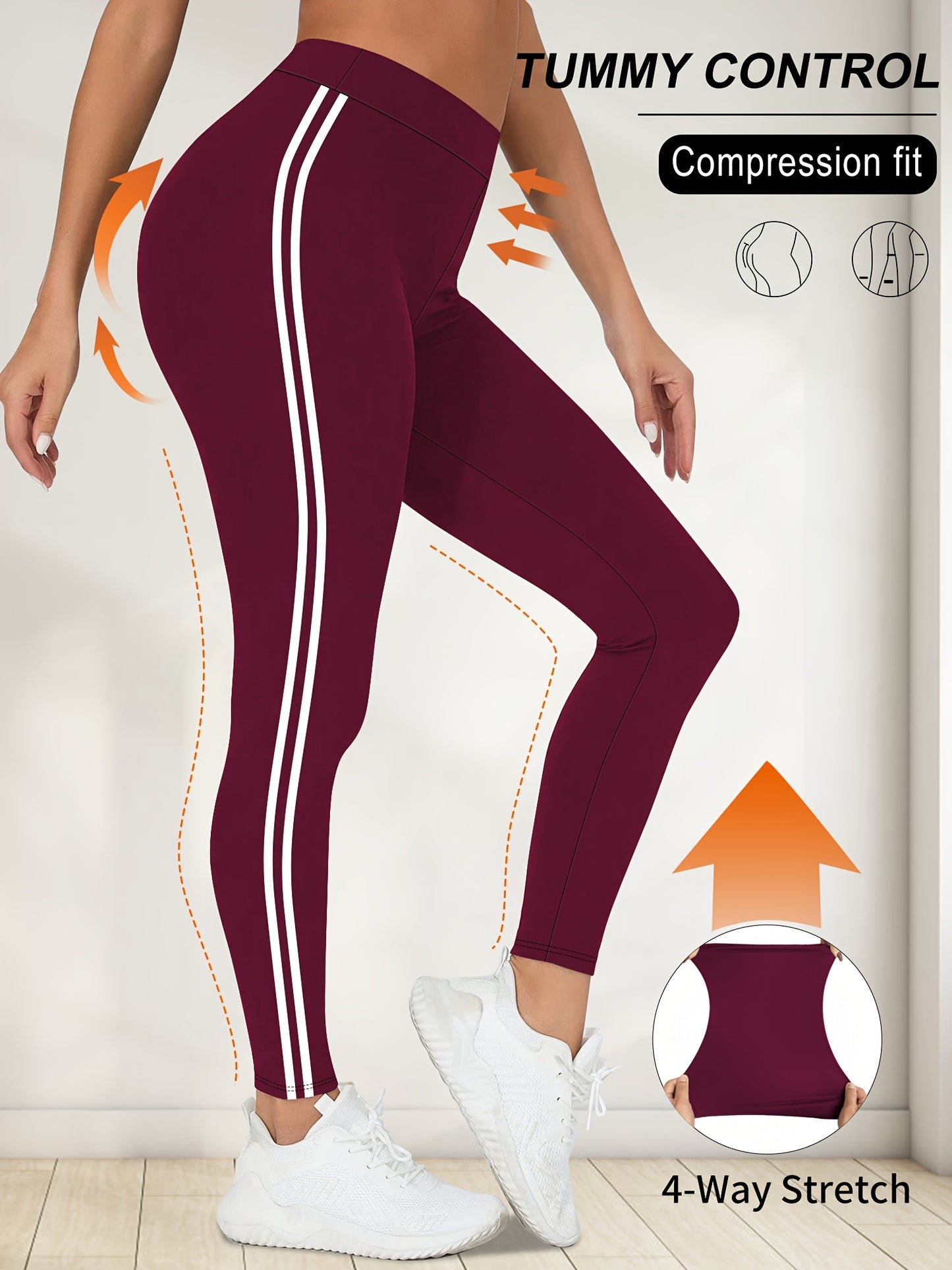 Women'S High-Waisted Black Side Stripe Leggings - Compression Fit, 4-Way Stretch, Crop Length, Sports Pants for Fitness and Casual Wear, Athletic Wear|Side Stripe Leggings|Compression Fit Leggings