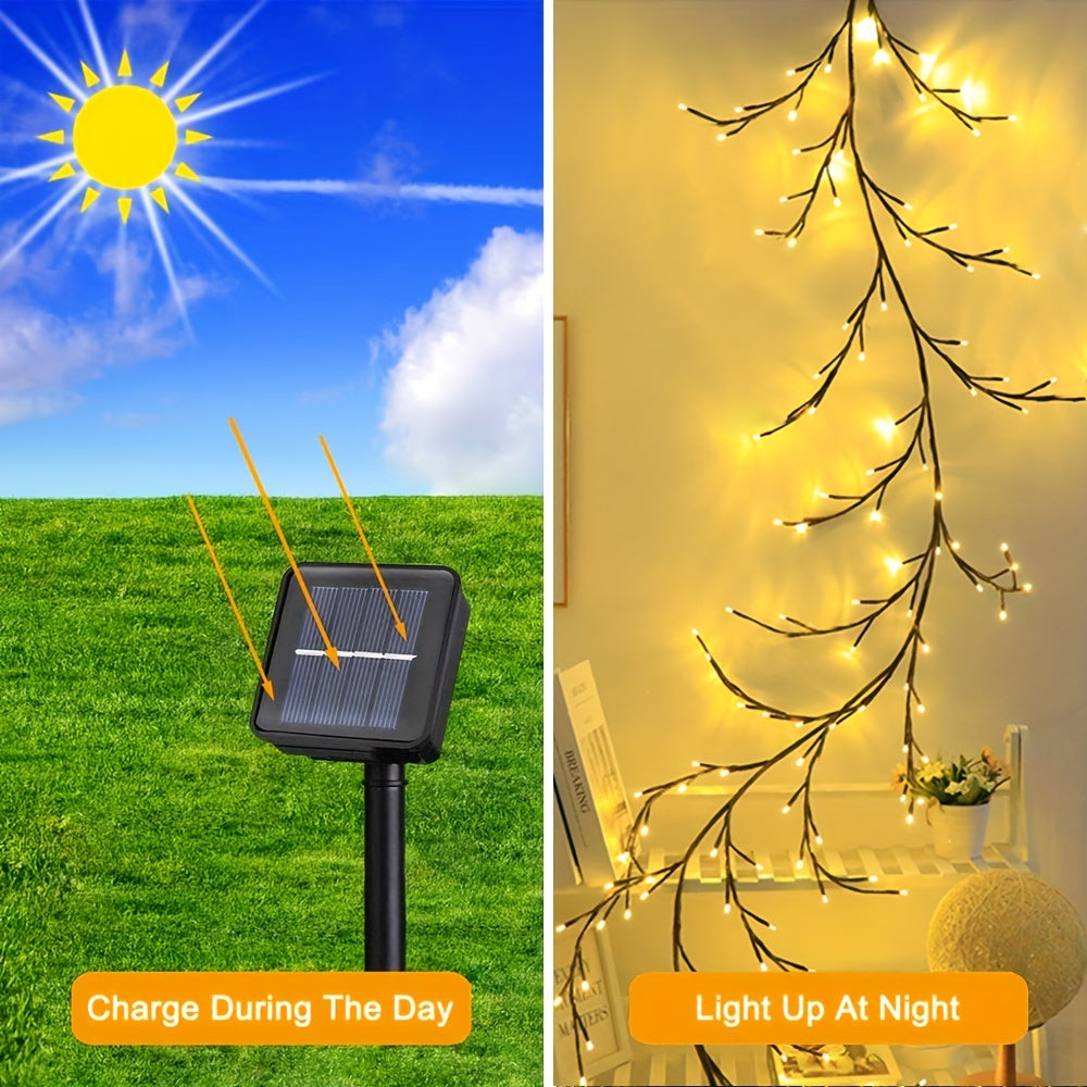 1pc Solar Rattan Branch String Lights, 72/96 LEDs Warm White,, 8 Modes, Decorative Indoor Outdoor Willow Tree Lighting, Perfect for Gazebo, Garden, Festive Party, Cafe, Balcony Decor