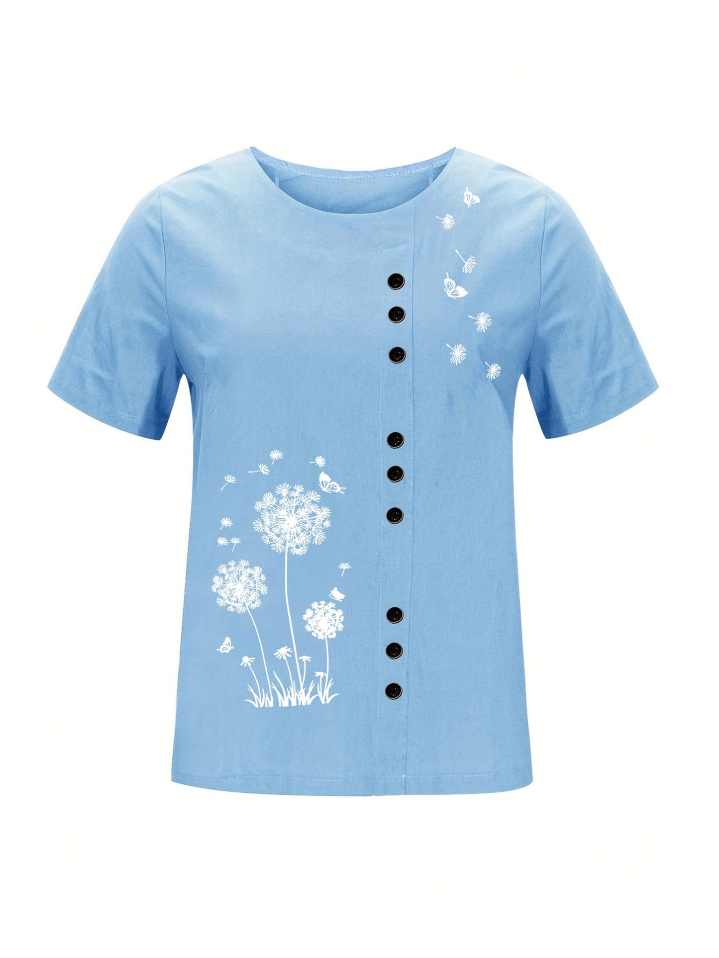 Dandelion Print Button Decor T-Shirt, Casual Crew Neck Short Sleeve T-Shirt For Spring & Summer, Women's Clothing