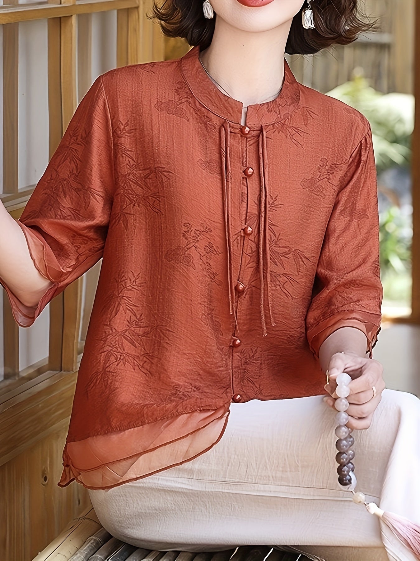Women'S Elegant Summer Blouse with Floral Pattern - Short Sleeve, Mandarin Collar, Loose Fit, Light Olive Green, Perfect for Casual Attire, Casual Attire Blouse | Floral Pattern Top | Mandarin Collar Shirt
