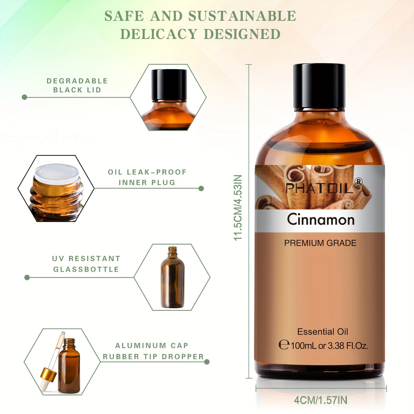 PHATOIL Cinnamon Premium Essential Oils 100Ml/3.38Fl.Oz. Long-Lasting Scent, Great for Aroma Diffusers, Air Purifier, Oil Burners