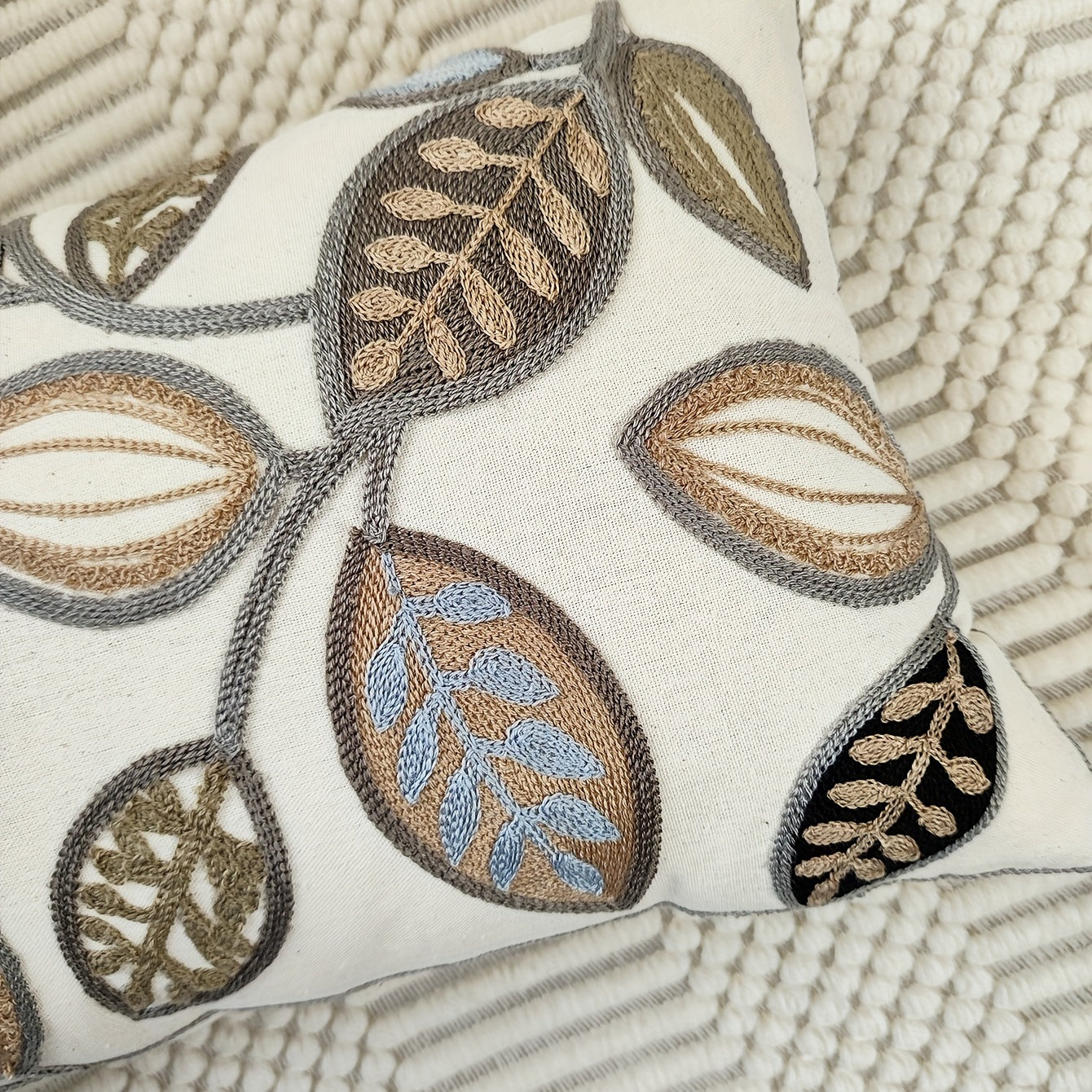 1pc Leaf Embroidered Decorative Throw Pillow Case, Canvas Cushion Cover For Living Room, Home Decor