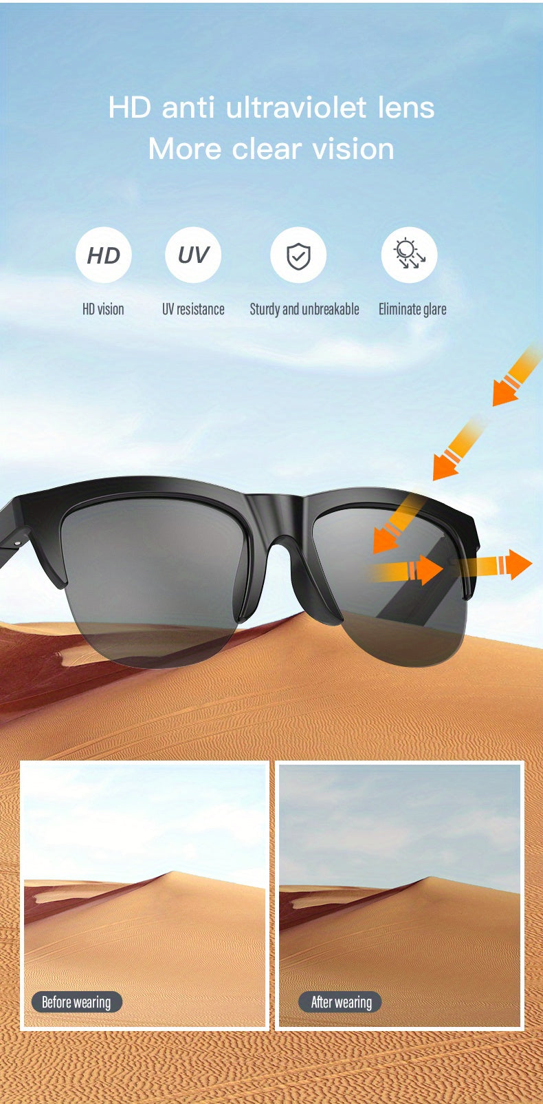 Smart Wireless 5.0 Sunglasses Multifunctional Glasses Wireless Call Play Music Outdoor Sports Headphones Rechargeable HIFI Sound Quality HD Lens Headphones Black Technology Unisex Touch Long Battery Life Anti-UV Lens