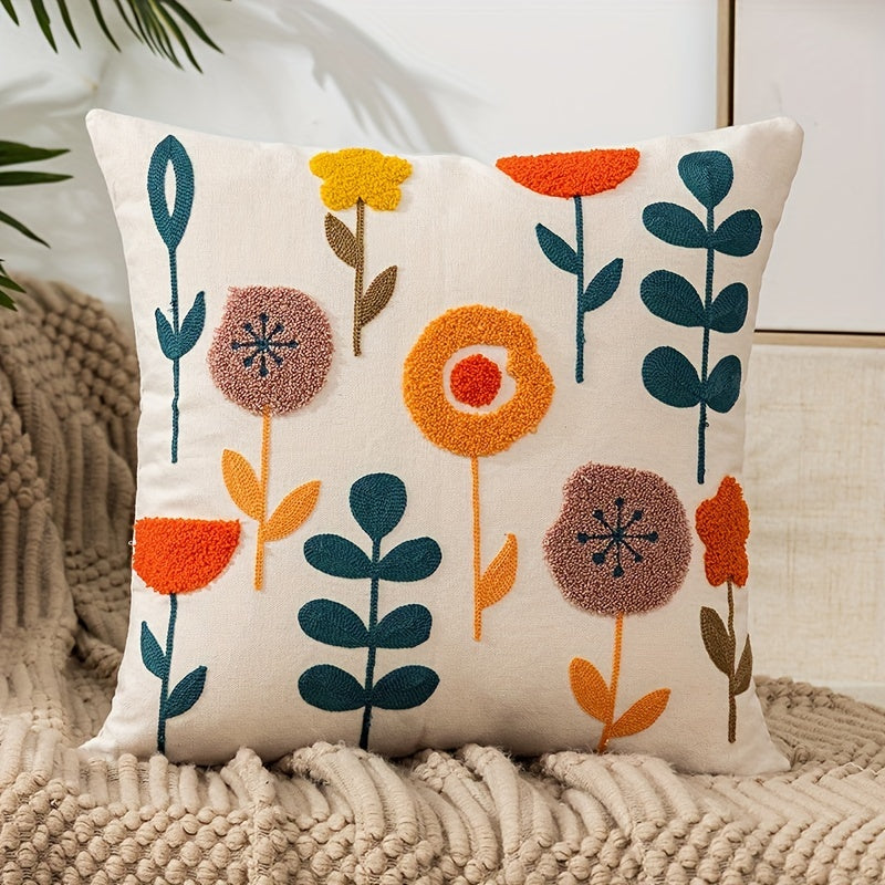 1pc Boho Floral Embroidered Pillow Case - Soft and Stylish Living Room Decor for Couch, Bed, and Sofa - 17.7 x 17.7 Inches