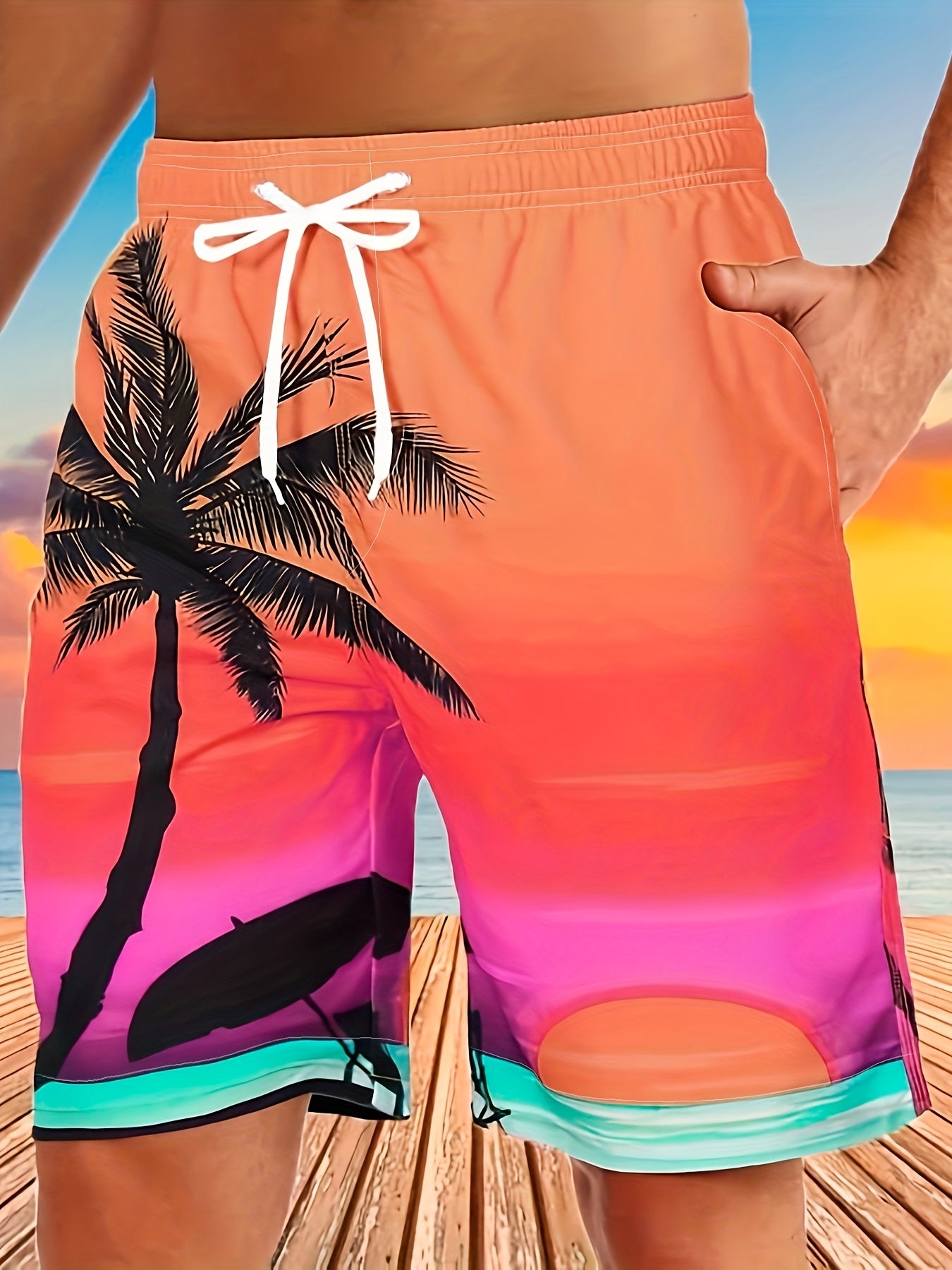 Quick Drying Comfortable Breathable Gradient Palm Tree At Dawn Seaside Drawstring Swim Trunks, Men's Board Shorts Swimwear For Summer Vacation Resort Beach Pool