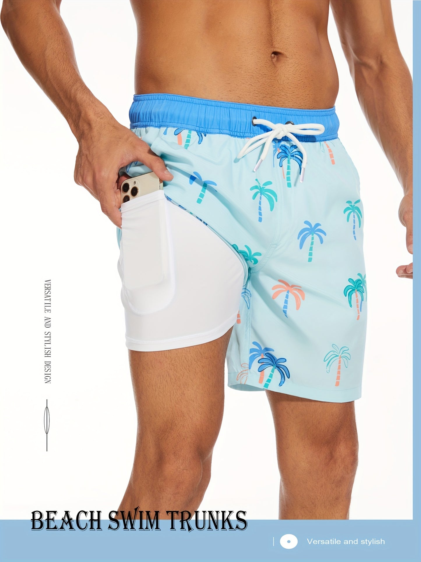 Men's Quick-Dry Beach Shorts with Tropical Palm Tree & Palm Leaf Print - Breathable Stretch Fabric for Summer, Outdoor, Hiking, Swimming - Machine Washable Casual Athletic Shorts, Outdoor Activewear, Summer Shorts