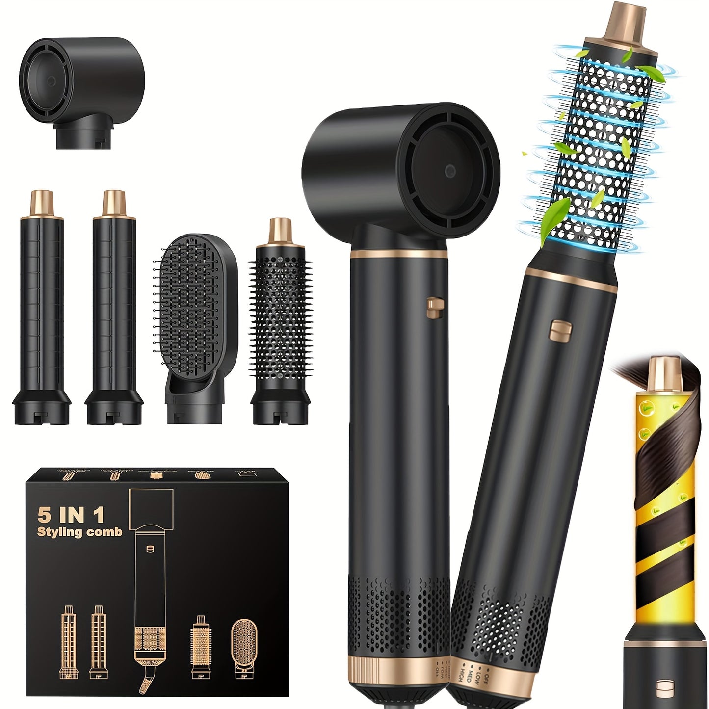 5-In-1 Hot Air Styling Brush with an Upgraded Detachable Design, Featuring a Hair Curler And a 1000W Hot Air Curling Wand, Equipped with an EU Plug.