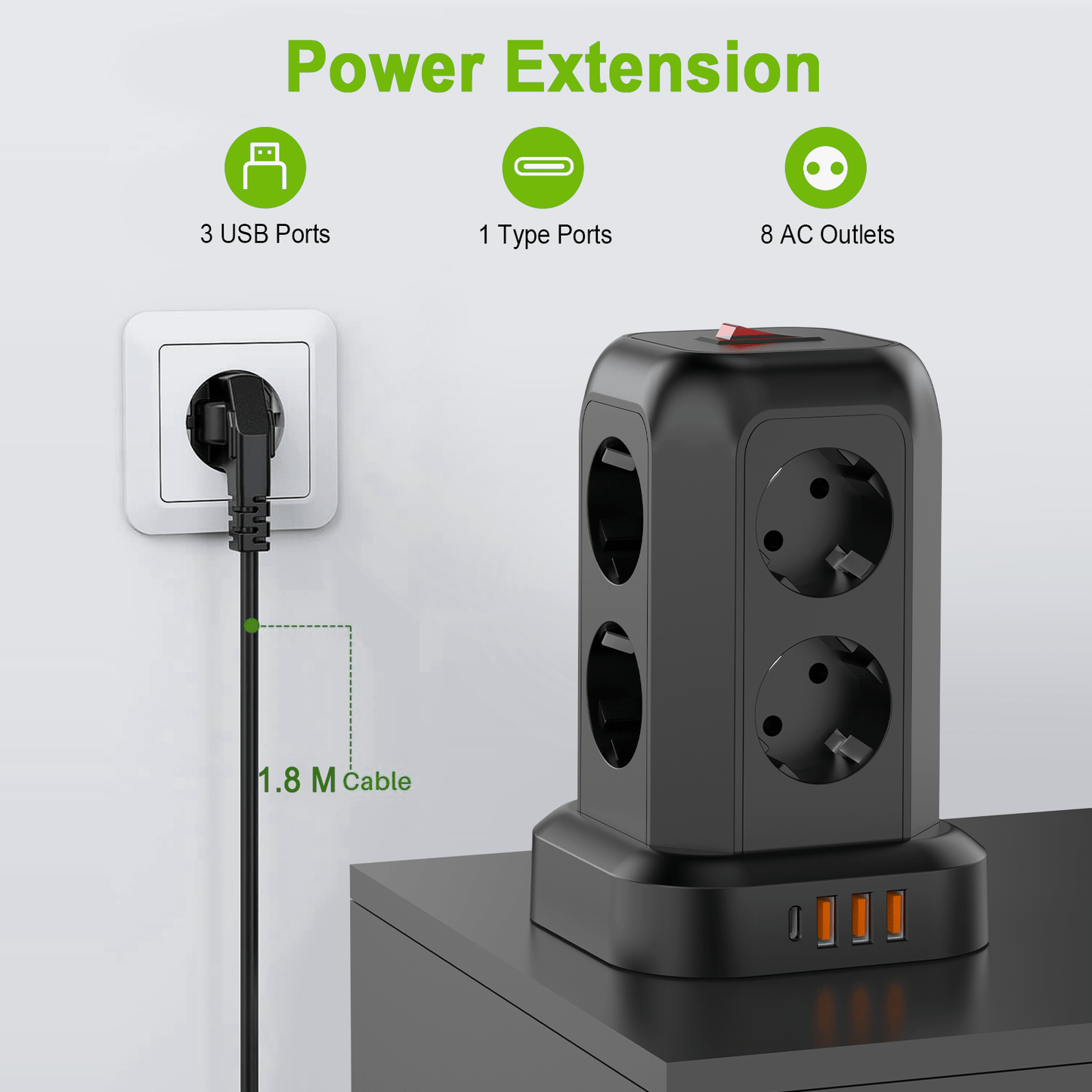 Multi-Plug Socket Distributor with 8 Sockets, 3 USB Ports (Including 1 USB-C), Side-Entry Plug Wall Charger, Essential for Cruising, Travel, Office, And Dorm