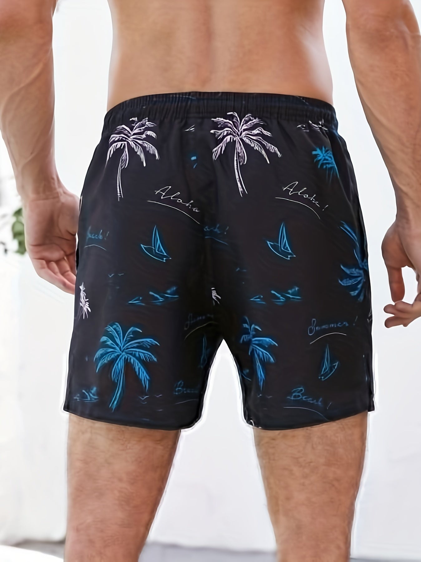 Men's Quick Dry Hawaiian Board Shorts With Pockets, Casual Coconut Tree Graphic Drawstring Swim Trunks For Summer Vacation Beach Pool Outdoor