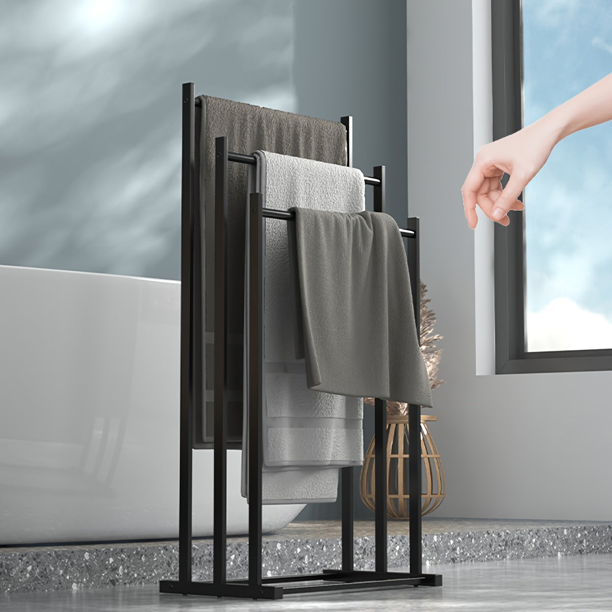 1pc Modern Three-Tier Freestanding Towel Rack - Heavy-Duty Floor-Standing Bathroom & Pool Drying Rack, Space-Saving Multifunctional Organizer for Indoor/Outdoor Use, No Installation Needed