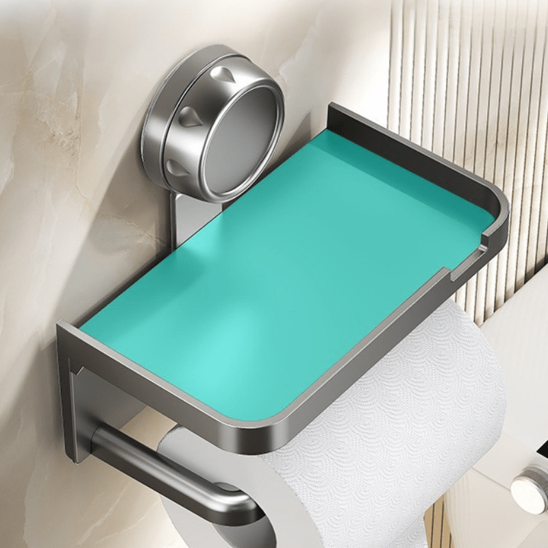 1pc Household Toilet Paper Holder with Storage Box, Suction Cup Wall-Mounted Bathroom Tissue Rack – No Drilling Required. Includes Phone Stand for Convenient Use in the Home or Shower Room, Toilet Tissue Holder for Bathroom