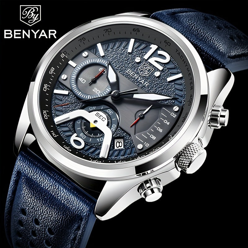 BENYAR Men's Luminous Quartz Watch - 42mm, Chronograph & Analog Display, Sporty Business Casual Design with Faux Leather Strap