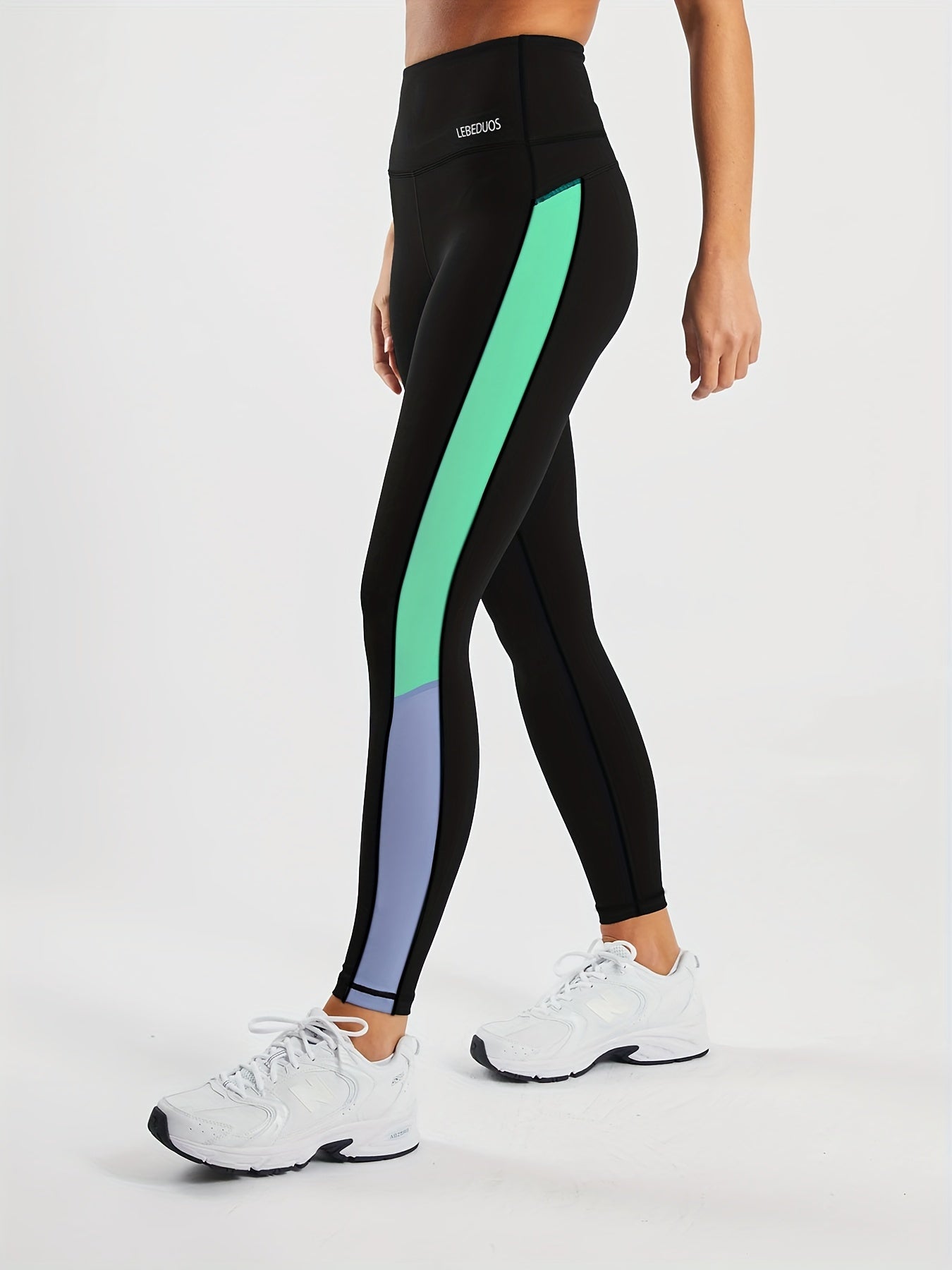 Women's High-Waisted Yoga Leggings - Full-Length Black with Neon Green & Blue Vertical Stripe Contrast, Breathable Stretchy Workout Pants for Gym, Pilates, Running, Tennis | Spring/Fall Casual Athletic Wear, Machine Washable