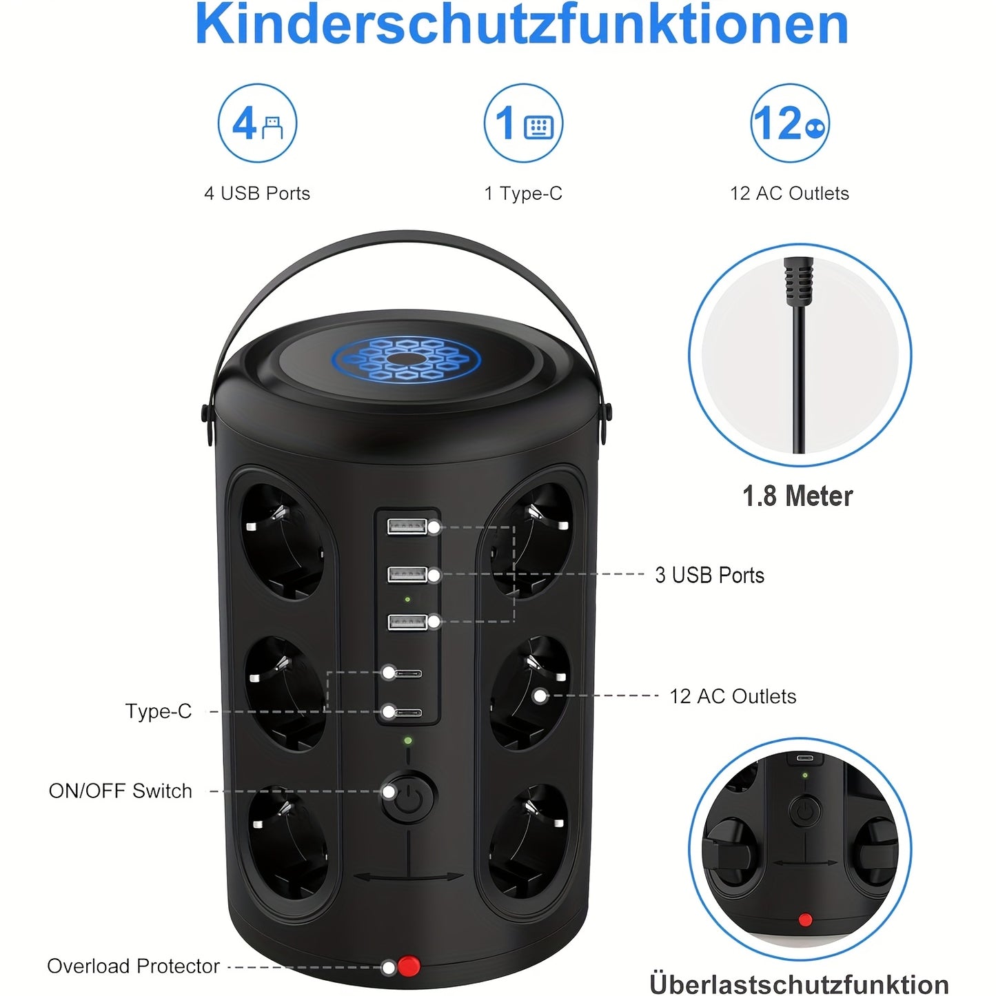 12-Slot Power Strip with 2 USB Fast Charging Ports, 2500W/10A, Voltage Protection, 2.8m Extension Cable, Desktop Tower Design & 2 Main Switches for Home/Office - EU Plug (Black)