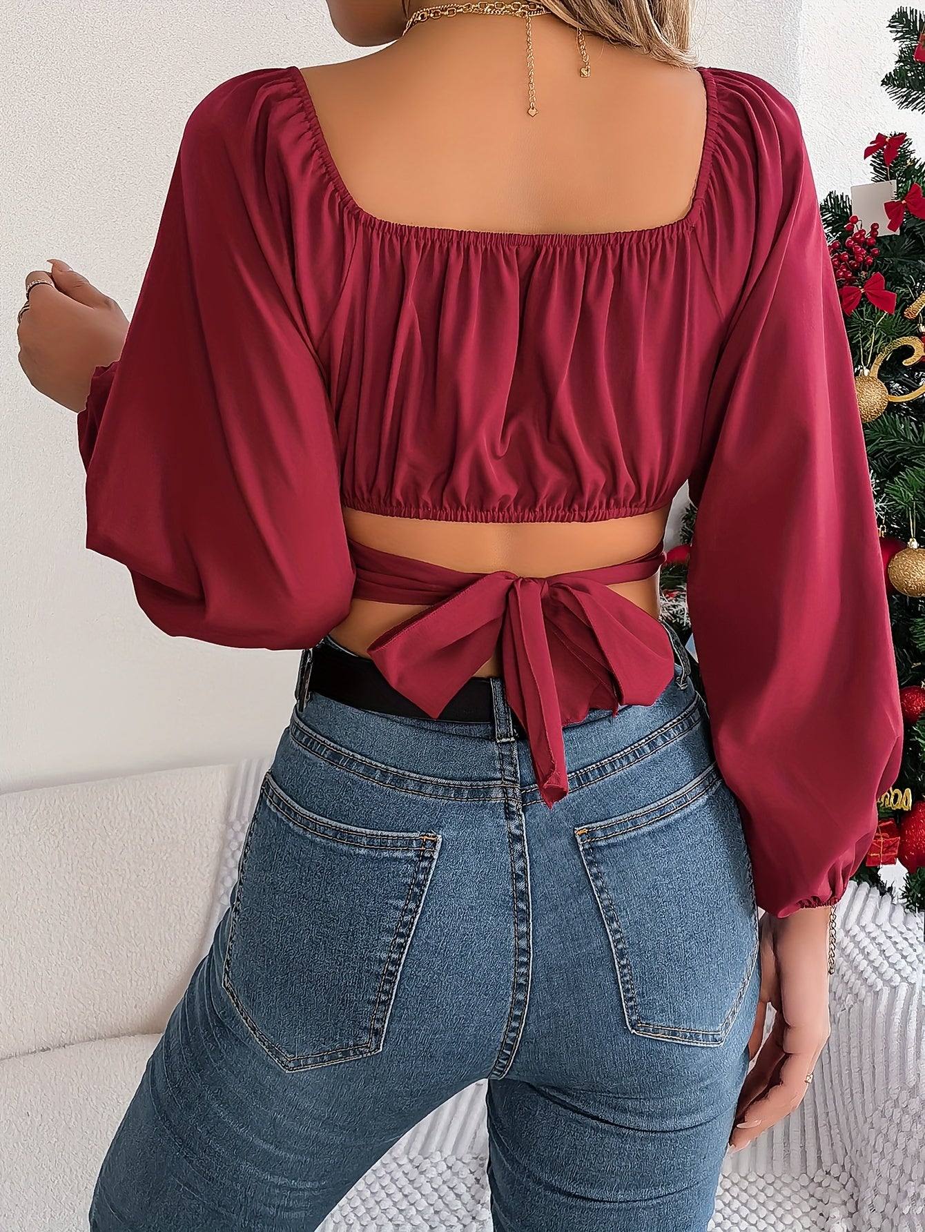 Square Neck Cross Tie Back Crop Blouse, Elegant Lantern Sleeve Slim Blouse For Spring & Fall, Women's Clothing