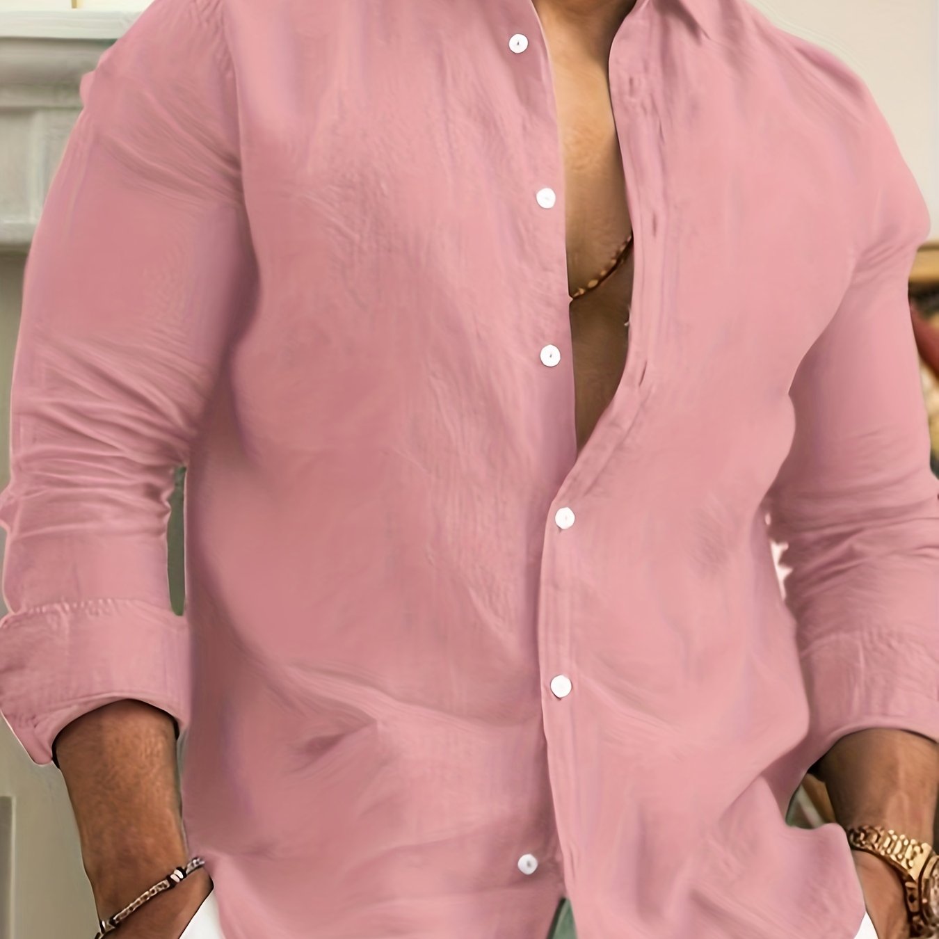 Solid Color Men's Cotton Long Sleeve Button Up Shirt, Men's Spring Fall Lapel Top