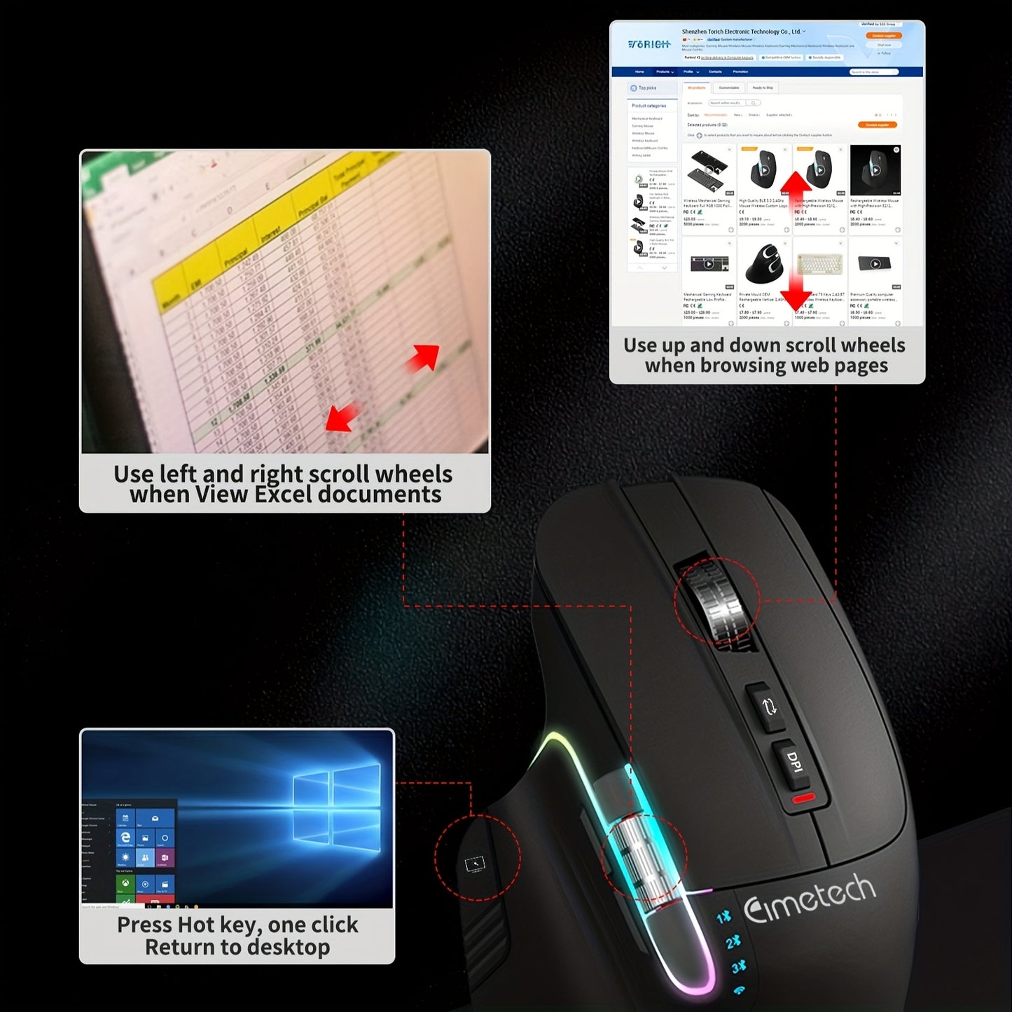Wireless Wireless Mouse, 2.4GHz, Type-C Wired Three Mode Connection, Artificial Vertical Mouse, Rechargeable Optical Mouse, RGB Office Gaming Mouse, Four-Speed Adjustable DP; with 8 Buttons, Dual Sliders Right-Handed Mouse, M