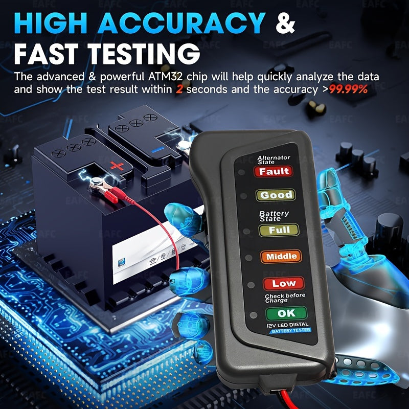 12V Car Motorcycle Battery Tester, Digital Alternator Tester 6 LED Lights Display Car Diagnostic Tool, Auto Battery Tester Auto Repair