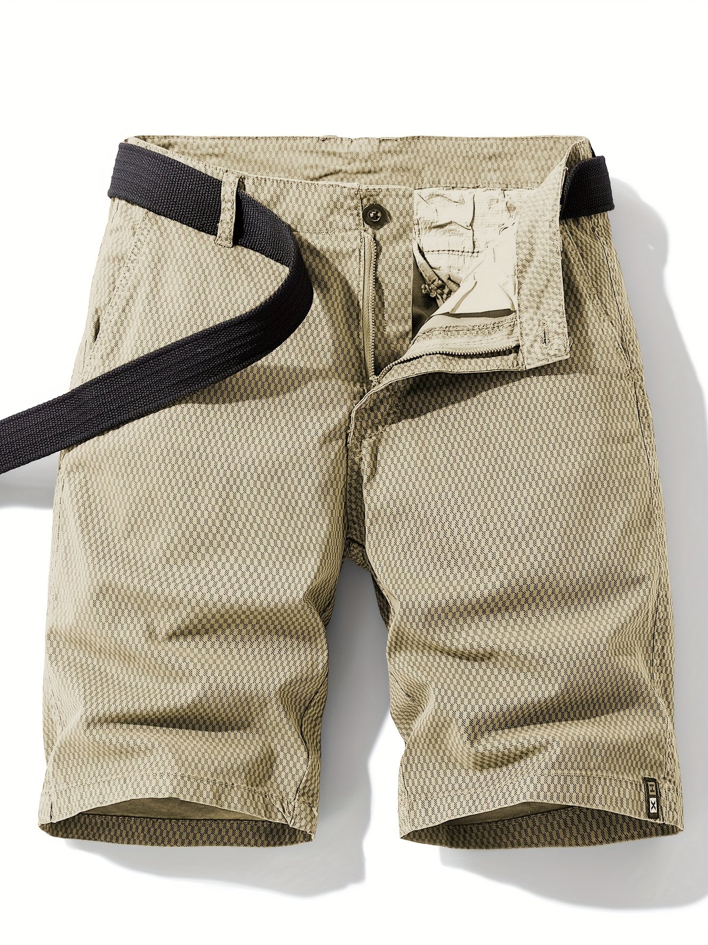 Men'S Casual Cargo Shorts with Striped Design, Elastic Waistband & Multiple Pockets - Beige/Black Regular Fit for Outdoor, Sports & Casual Attire (Belt Not Included), Outdoor Apparel, Functional Pockets, Nonelastic Fabric