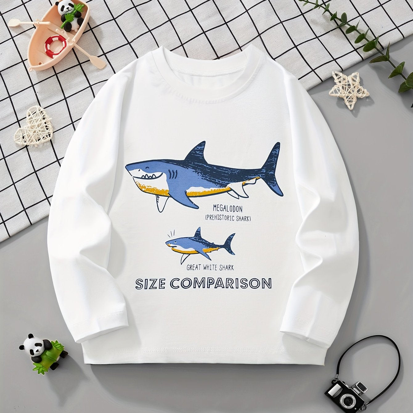 LITTLE BITTY Boys' Cotton Long Sleeve Crew Neck T-Shirt, Cartoon Shark Pattern, Casual Skinny Fit, Breathable Knit Fabric, Regular Sleeve, for Hiking & Outdoor, Weekend Casual Wear - Spring/Summer Collection
