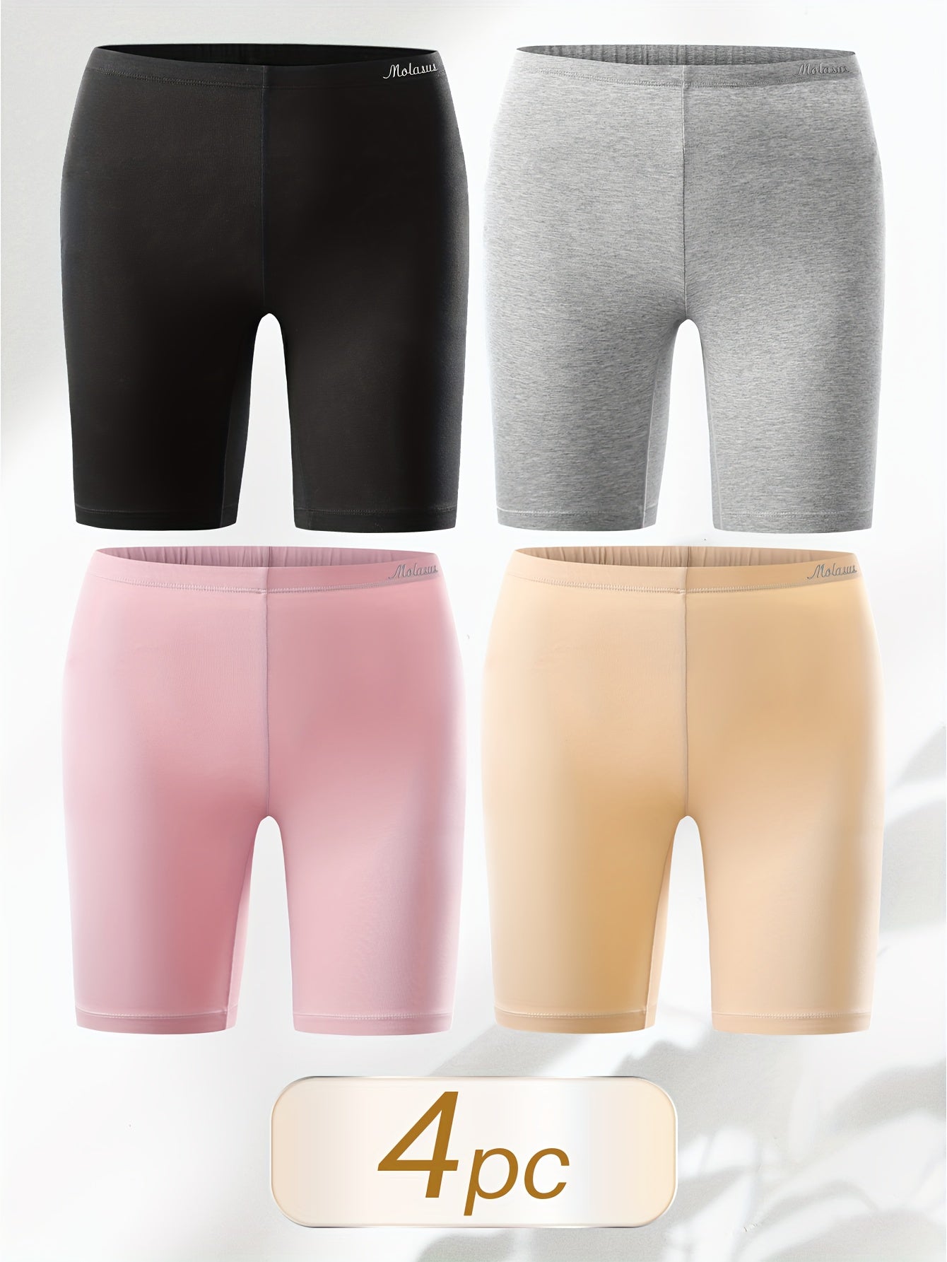 Women's Cotton Boyshorts Underwear 4-Pack - Comfortable Full Coverage Boxers, Knit Fabric, Solid Color, Simple Style, 95% Cotton 5% Spandex