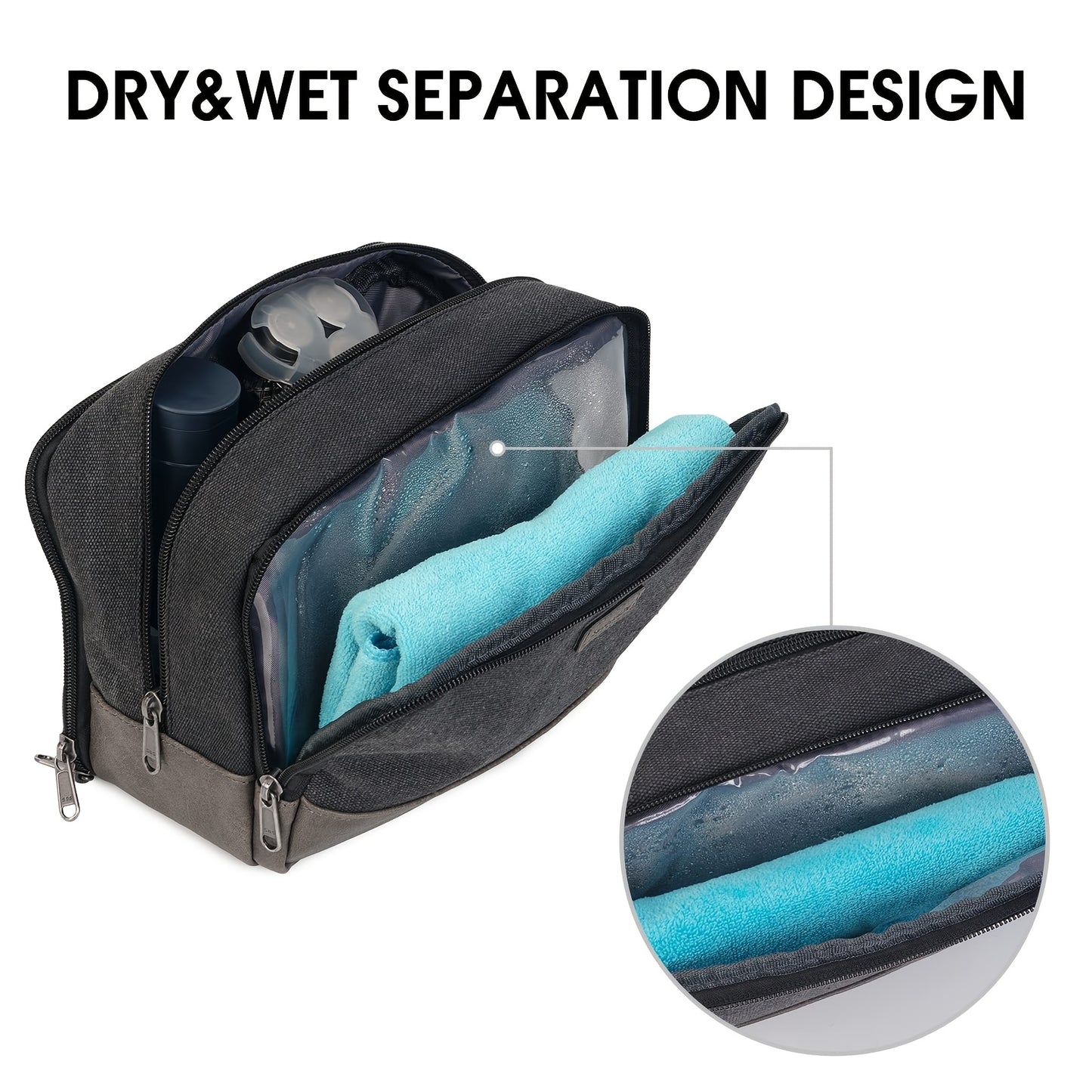 Canvas Travel Toiletry Bag With Side Handle for Men Women Travel Toiletry Organizer Shaving Bag with Separate Dry and Wet Pocket for Travel Accessories