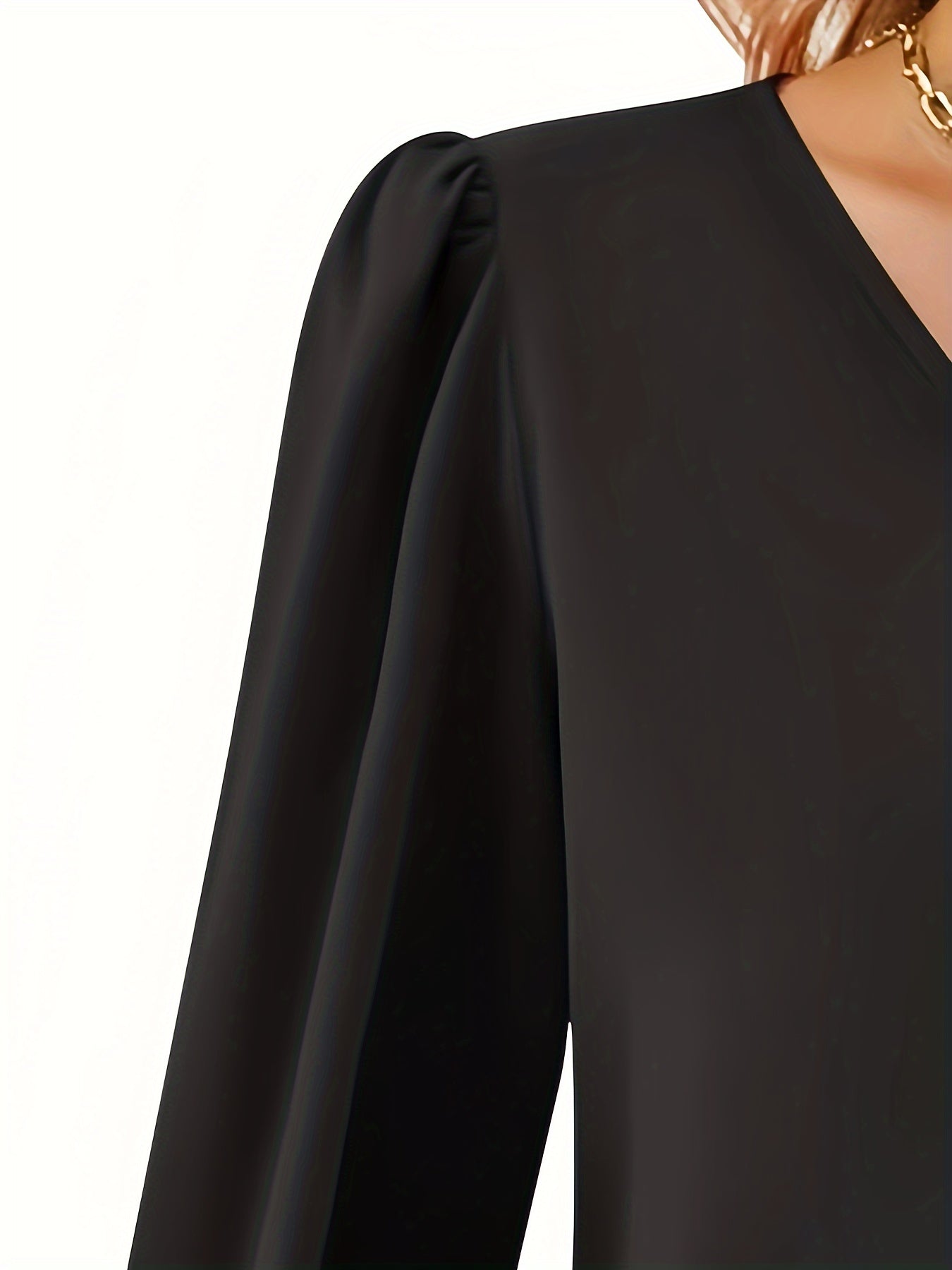 Solid V Neck Simple Blouse, Elegant Long Sleeve Ruched Blouse, Women's Clothing