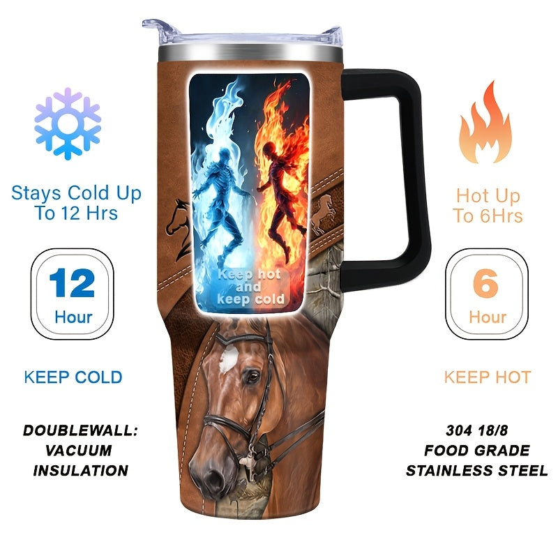 40oz Stainless Steel Horse Tumbler - Double-Wall Insulated Coffee Mug with Lid, Leak-Proof Travel Cup for Hiking & Outdoor Adventures, PVC-Free, Hand Wash Only - Ideal Gift for Equestrians and Animal Enthusiasts