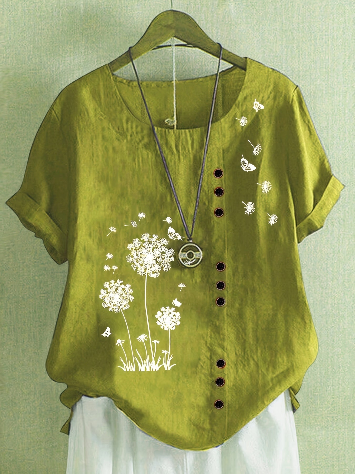 Dandelion Print Button Decor T-Shirt, Casual Crew Neck Short Sleeve T-Shirt For Spring & Summer, Women's Clothing