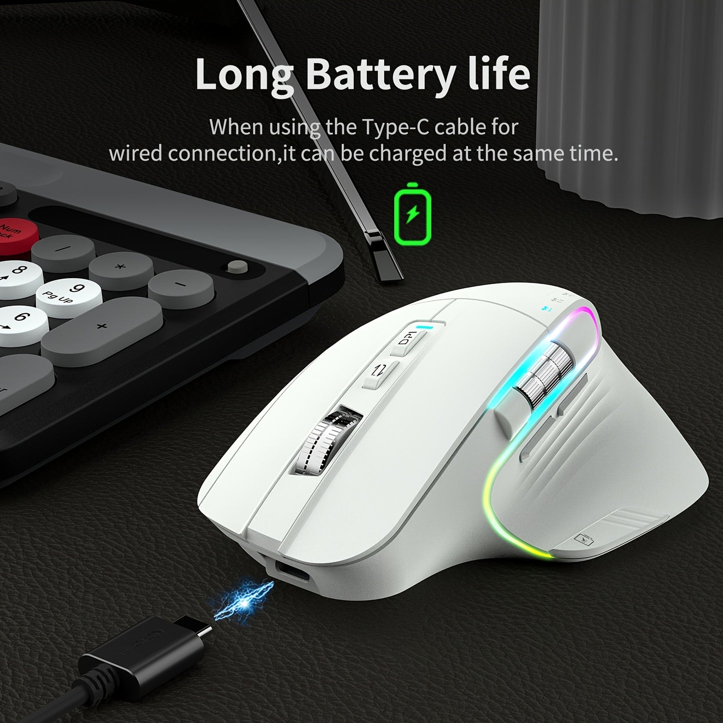 Wireless Wireless Mouse, 2.4GHz, Type-C Wired Three Mode Connection, Artificial Vertical Mouse, Rechargeable Optical Mouse, RGB Office Gaming Mouse, Four-Speed Adjustable DP; with 8 Buttons, Dual Sliders Right-Handed Mouse, M