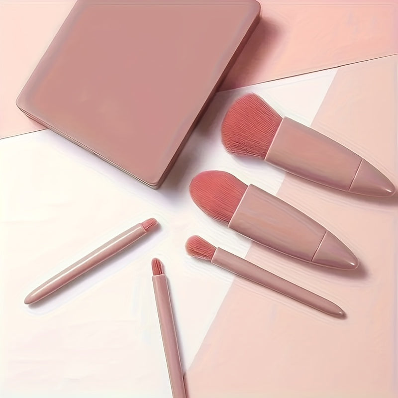 5pcs Makeup Brush Set with Mirror - Nylon Bristles, Fragrance-Free for All Skin Types, Includes Oval Foundation & Blending Brushes