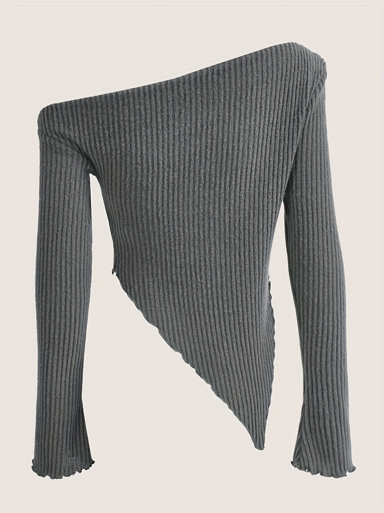 Solid Ruched Asymmetrical Neck T-Shirt, Casual Hanky Hem Long Sleeve Top For Spring & Fall, Women's Clothing