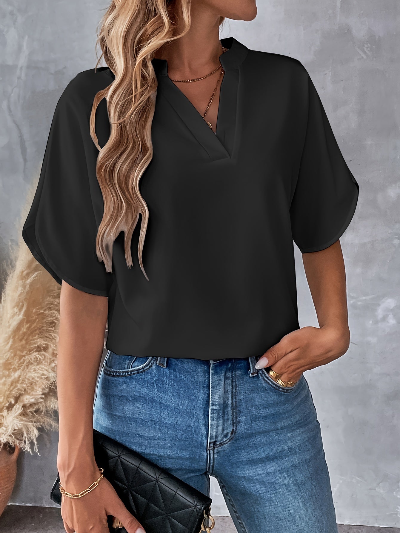 Solid Color Notch Neck Blouse, Casual Short Split Sleeve Blouse For Spring & Summer, Women's Clothing