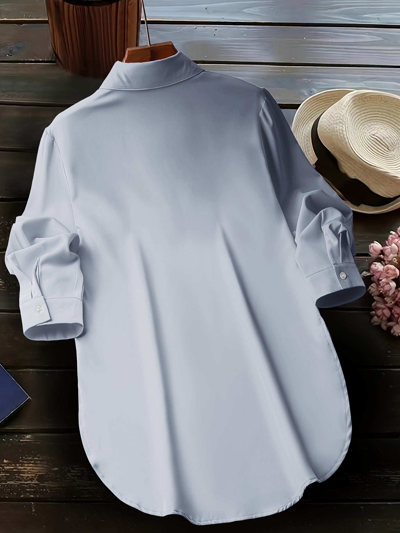Plus Size Curved Hem Blouse, Casual Button Front Collared Blouse For Spring, Women's Plus Size Clothing