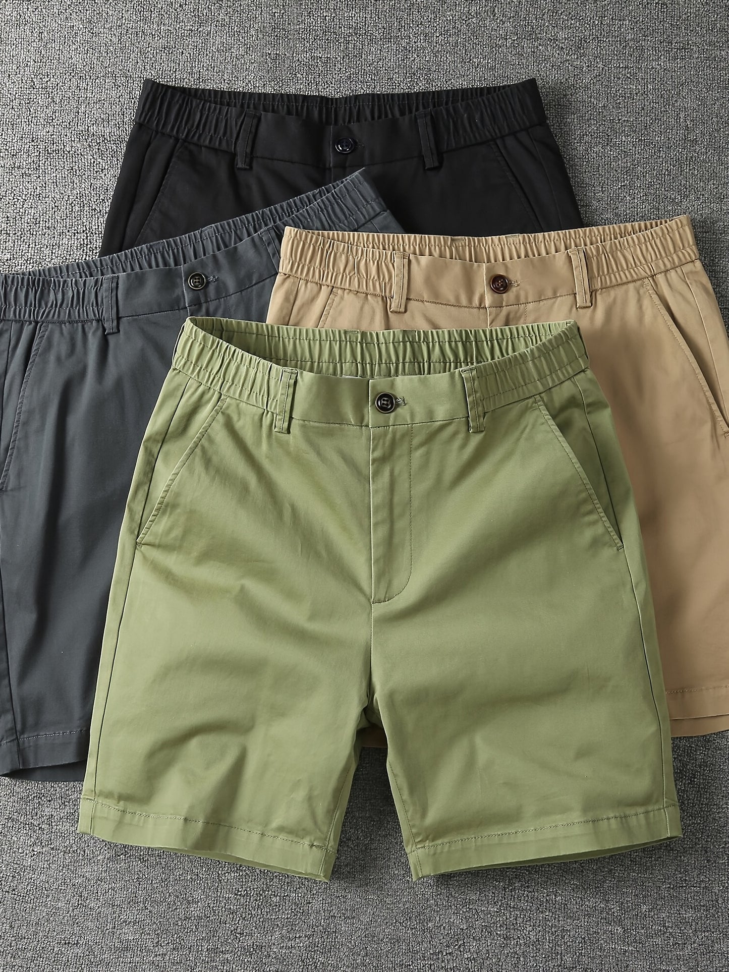 Men's Summer Micro-Elastic Casual Shorts - Four-Tenths Length, Olive Green, Mid-Rise Waist, Elastic Waistband, Side Pockets, Lightweight & Breathable for Casual Attire