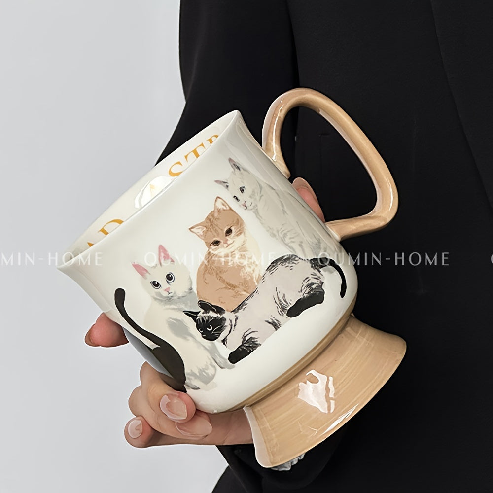 Visually Appealing Cat Ceramic Mug - Insulated, Reusable Coffee & Tea Cup for Couples, Perfect for Breakfast & Home Use