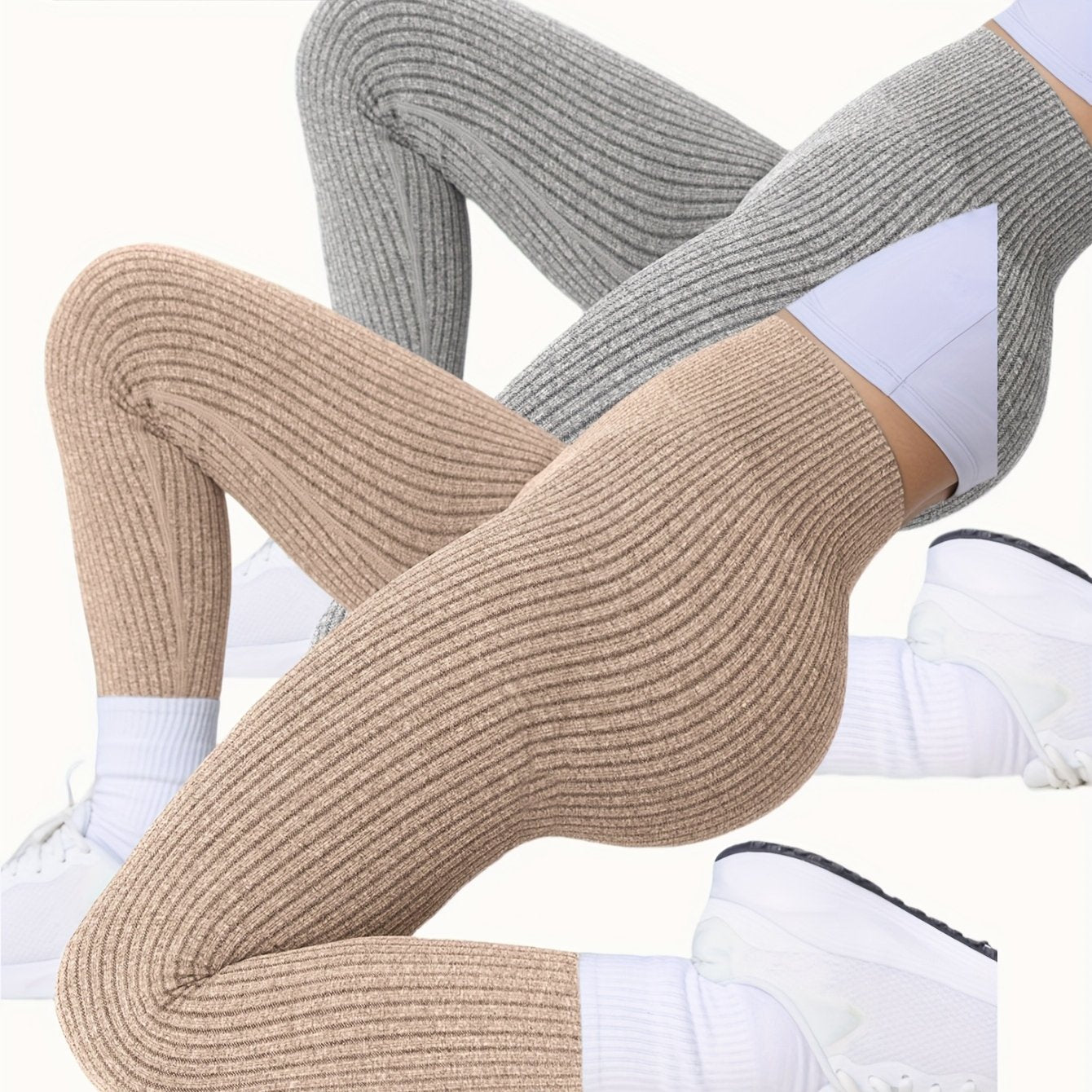2pcs Women'S High-Waisted Yoga Leggings - Seamless Ribbed Texture, Tummy Control & Butt-Lifting, Breathable & Moisture-Wicking, 7/8 Length for Gym, Outdoor & Casual Wear - All-Season Stretchy Workout Pants, Yoga Pants, Gym Ap