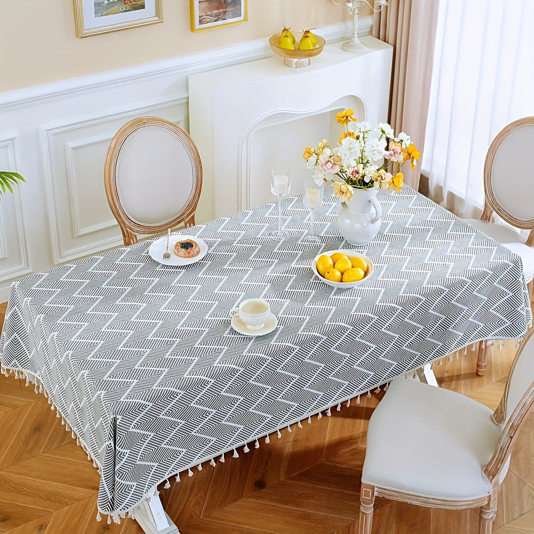 1pc, Bohemian Geometric Wave Pattern Tablecloth - European Style Cotton and Linen Rectangular Tablecloth for Farmhouse, Restaurant, Picnic, Camping, Birthday Party Decoration and Home Decor