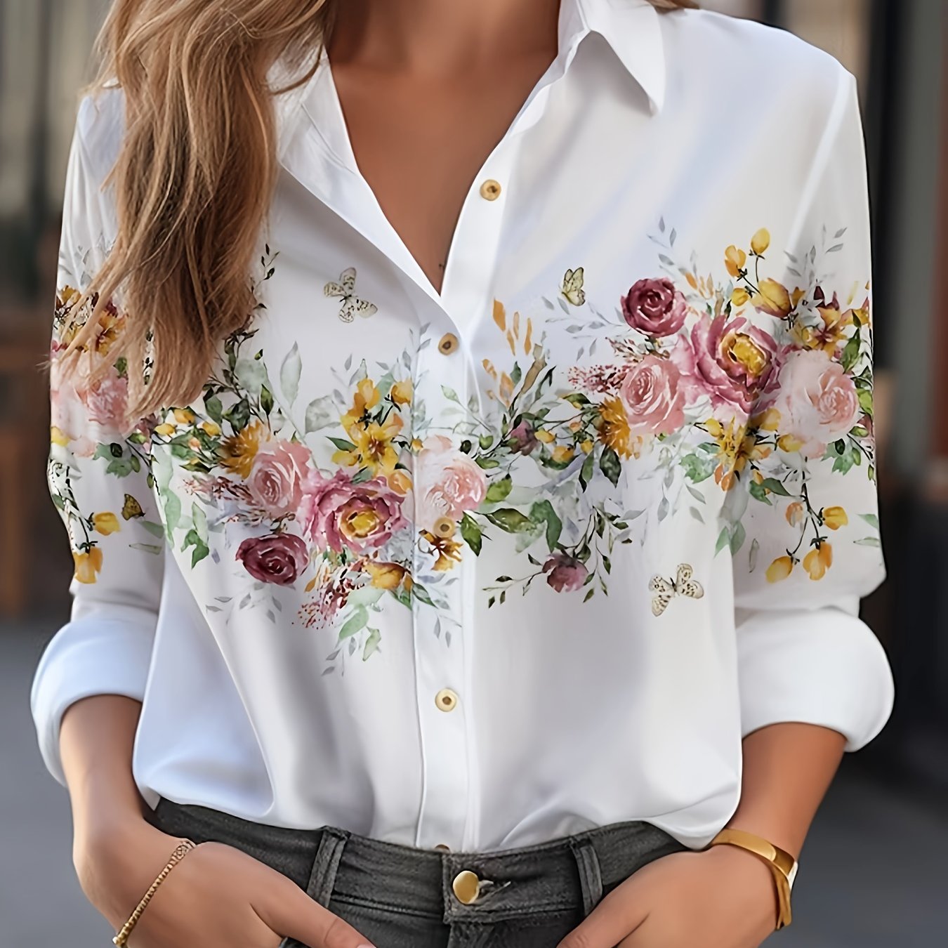 Floral Print Button Front Shirt, Casual Long Sleeve Shirt For Spring & Fall, Women's Clothing