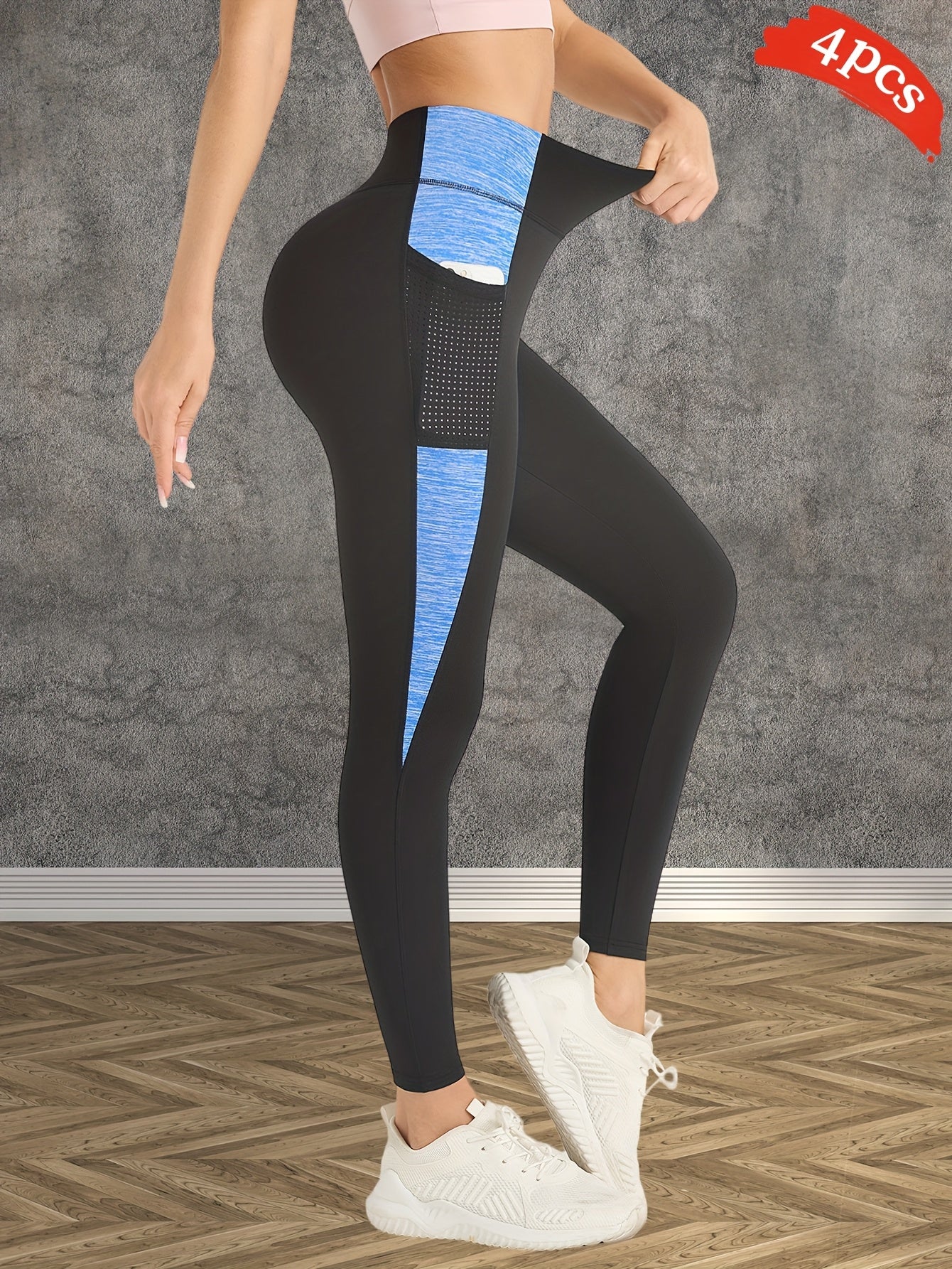 4pcs Women'S High-Waisted Yoga Leggings - Tummy Control Butt-Lifting Workout Pants with Pockets, Breathable Stretchy All-Season Gym & Outdoor Activewear, Solid Color Crop Design, Workout Leggings