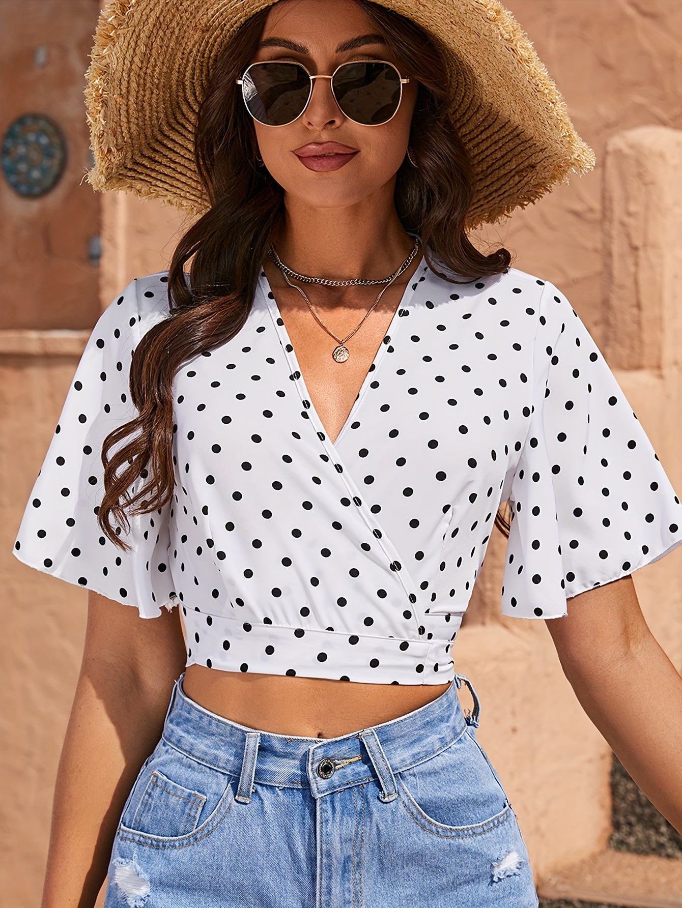 Polka Dot Print Surplice Neck Blouse, Elegant Ruffle Sleeve Crop Top For Spring & Summer, Women's Clothing