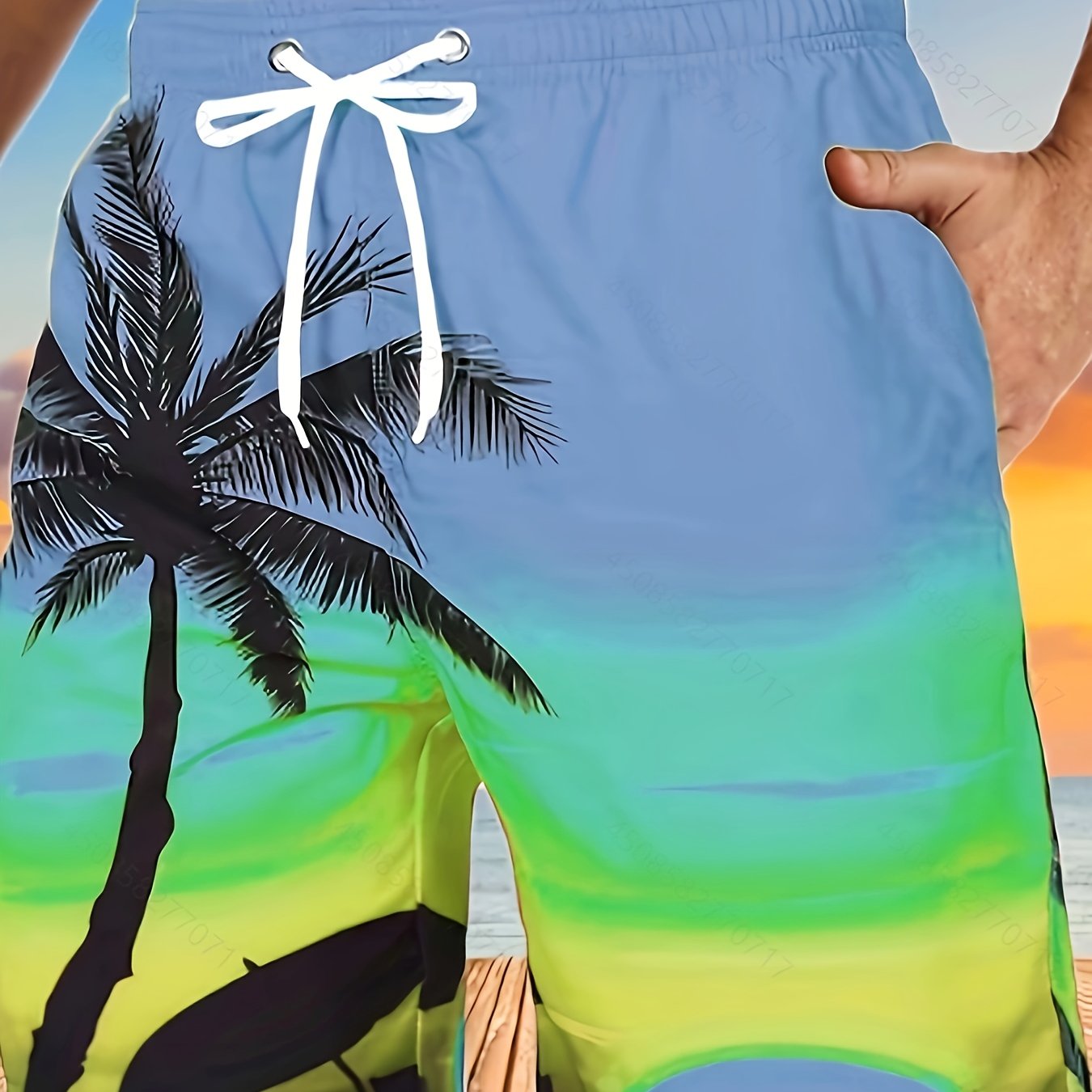 Quick Drying Comfortable Breathable Gradient Palm Tree At Dawn Seaside Drawstring Swim Trunks, Men's Board Shorts Swimwear For Summer Vacation Resort Beach Pool