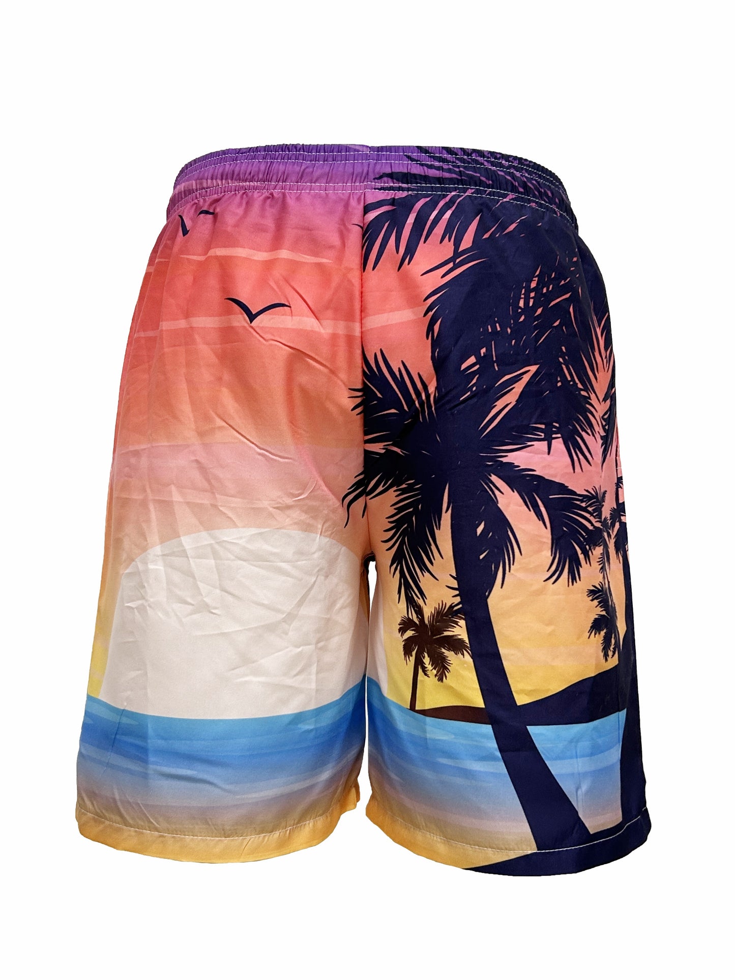 Quick Drying Comfortable Breathable Gradient Palm Tree At Dawn Seaside Drawstring Swim Trunks, Men's Board Shorts Swimwear For Summer Vacation Resort Beach Pool