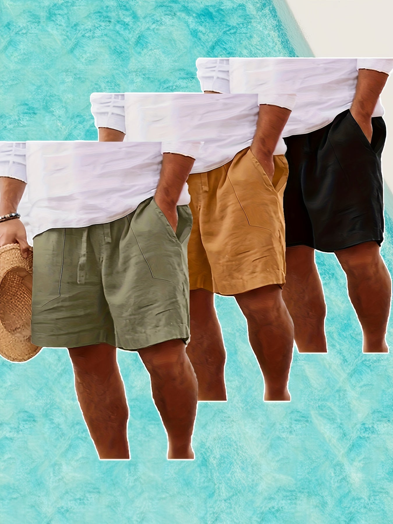 Men's Summer Shorts, Drawstring Elastic Waist, Straight Leg Solid Color Breathable Casual Beach Capri Pants - Three-Pack